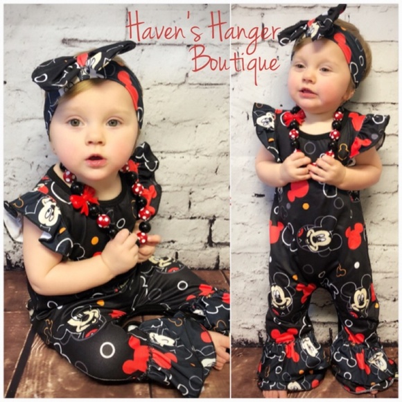 3pc. Mickey Romper Set w/ Headband & Necklace - Picture 2 of 8